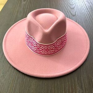 Pink Fedora hat with banded Aztec trim